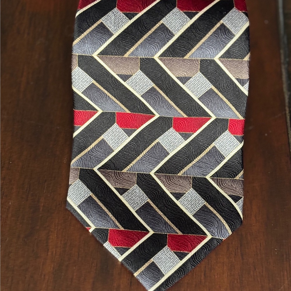 Albert Nipon Geometric Necktie Black Gray Red Brown Mens Fashion Pattern Tie